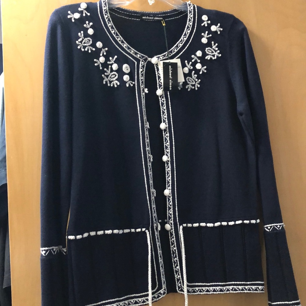 Michael Simon Navy Blue with White Embroidery Sweater Set